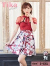 キャバドレス ミニ丈 Aライン 大きいサイズ 袖あり Tika ティカ ネックリボン半袖チュールバストカットウエストベルト付きフラワーペイントハイウエスト切替フレアミニドレス