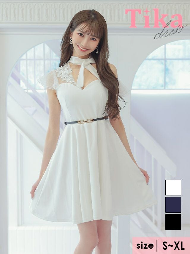 キャバドレス ミニ丈 Aライン 大きいサイズ Tika ティカ ネックリボンワンショルダー風チュールバストカットデザインウエストベルト付きフレアミニドレス