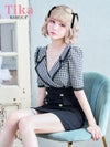メイン画像 キャバドレス 韓国 ワンピース タイト ミニドレス ギンガムチェック柄 袖あり 襟付き テーラード パフスリーブ 五分袖 ブラジャーのまま (戦慄かなの着用) [tk-mdk145]