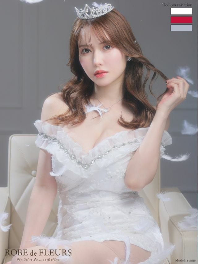 ROBEdeFLEURS ローブドフルール 高級フリルビジュー立体フラワーレースオフショルダーミニドレス