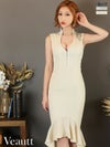 Veautt ヴュート 高級ツイードビジューバストジップアップウエストリボンノースリーブマーメイド膝丈ドレス