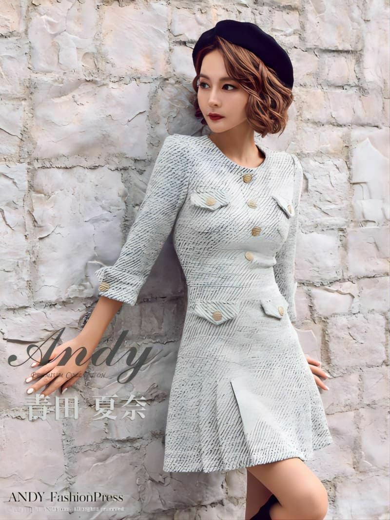 Andy アンディ 高級袖ありクラシカルフロントボタンツイードワンピースフレアミニドレス