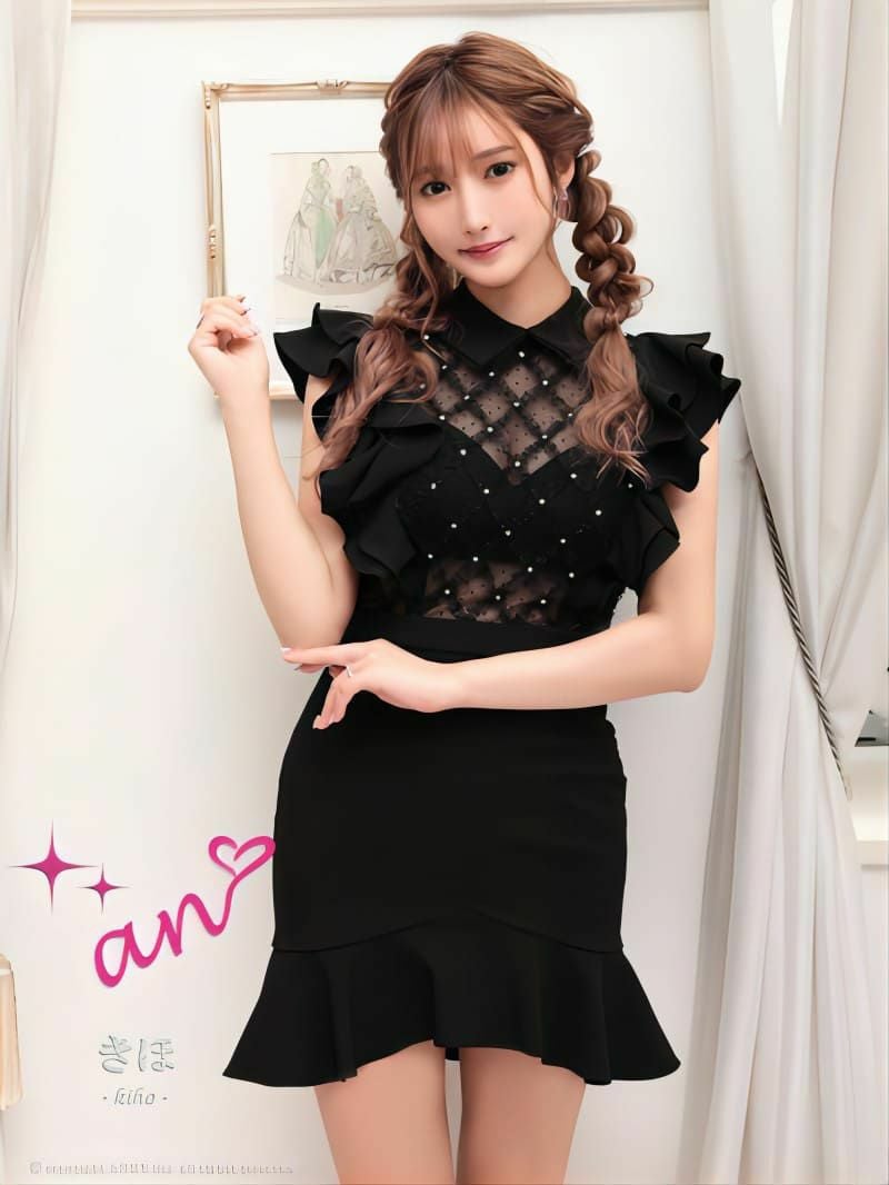 キャバドレス ミニドレス [an/アン]高級襟付きデコルテシースルービジューウエスト切替フリルノースリーブタイトミニドレス