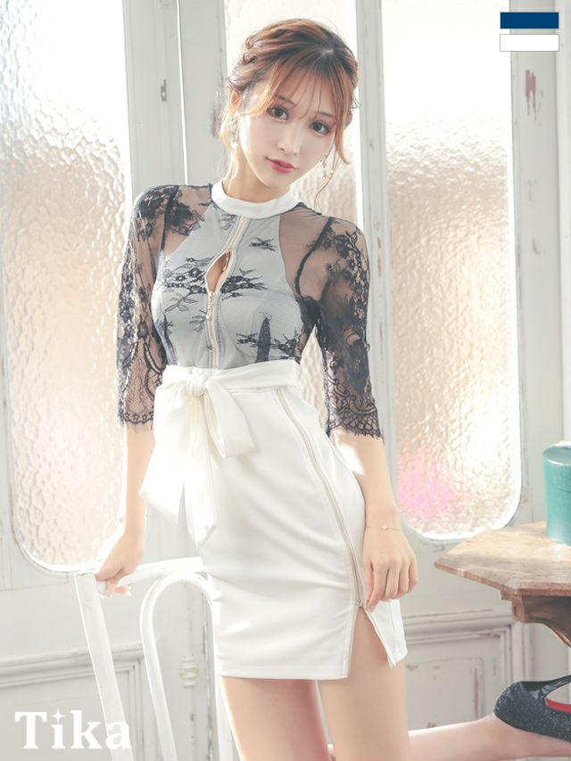 キャバドレス ミニ丈 袖あり 大きいサイズ キャバクラ Tika ティカ 袖ありフラワーレース切り替えハイウエストリボンジップデザインタイトミニドレス