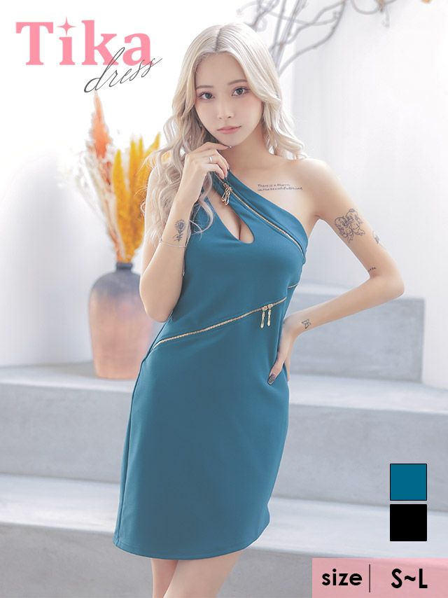 キャバドレス ミニ丈 大きいサイズ キャバクラ クラブ Tika ティカ ワンショルダーカットアウトアシメジップデザインタイトミニドレス