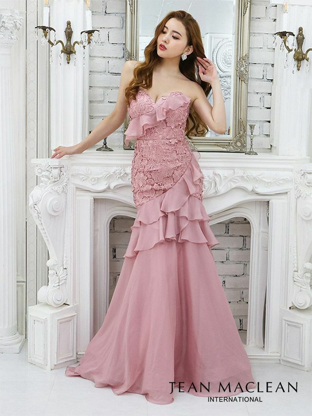 JEANMACLEAN ジャンマクレーン 高級フラワー刺繍レースシフォンフリルベアトップマーメイドロングドレス