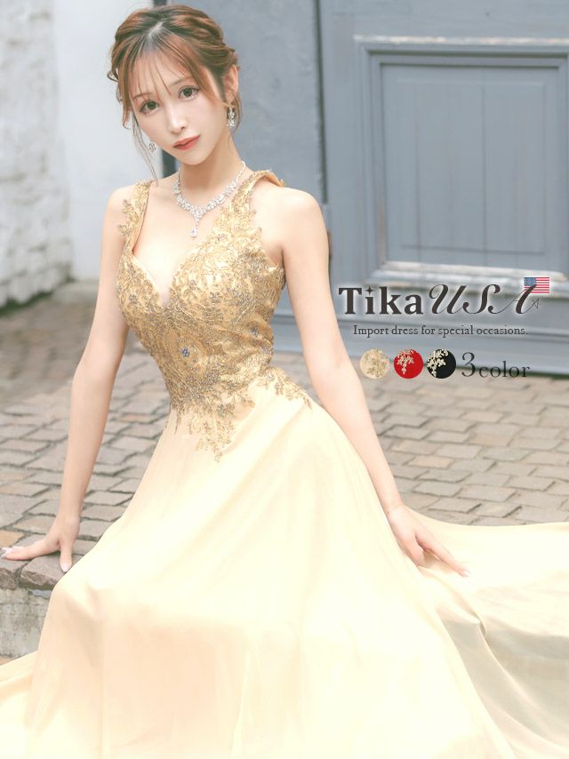 LA直輸入 ノースリーブバストシアーゴールドゴージャス刺繍ビジューAラインシフォンロングバースデードレス (Mサイズ～XXXLサイズ) (浦西ひかる キャバドレス着用)