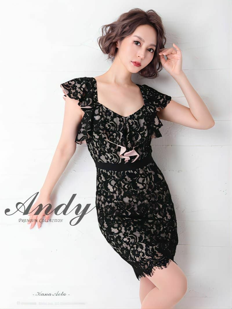 Andy アンディ 高級総レースペンタゴンネック胸元フリルバックリボンフリルウエスト切替ノースリーブタイトミニドレス