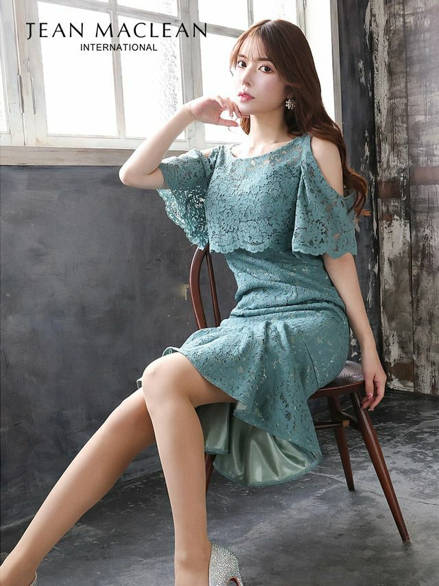 JEANMACLEAN ジャンマクレーン 高級肩あき総レースワンカラーマーメイド半袖タイト膝丈ワンピースドレス