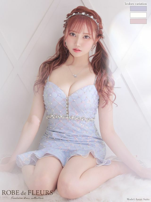 ROBEdeFLEURS ローブドフルール 高級スパンコール刺繍チュールウエストパールビジューアシメフリルキャミソールタイトミニドレス