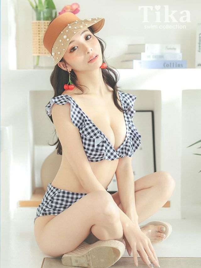水着 ギンガムチェックガーリーフリルハイウエストビキニ