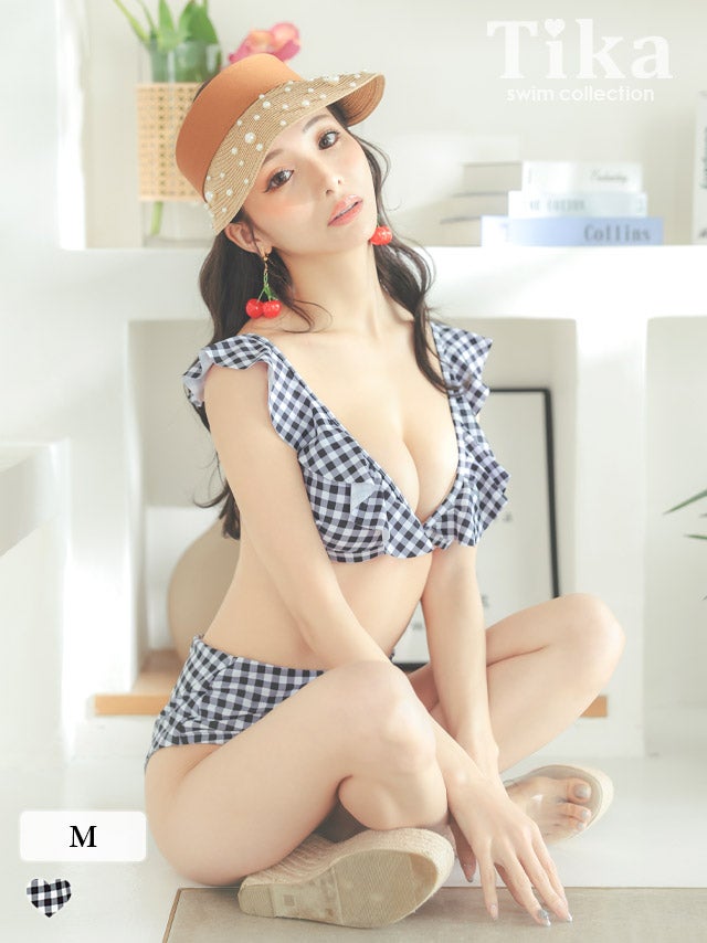 水着 ギンガムチェックガーリーフリルハイウエストビキニ