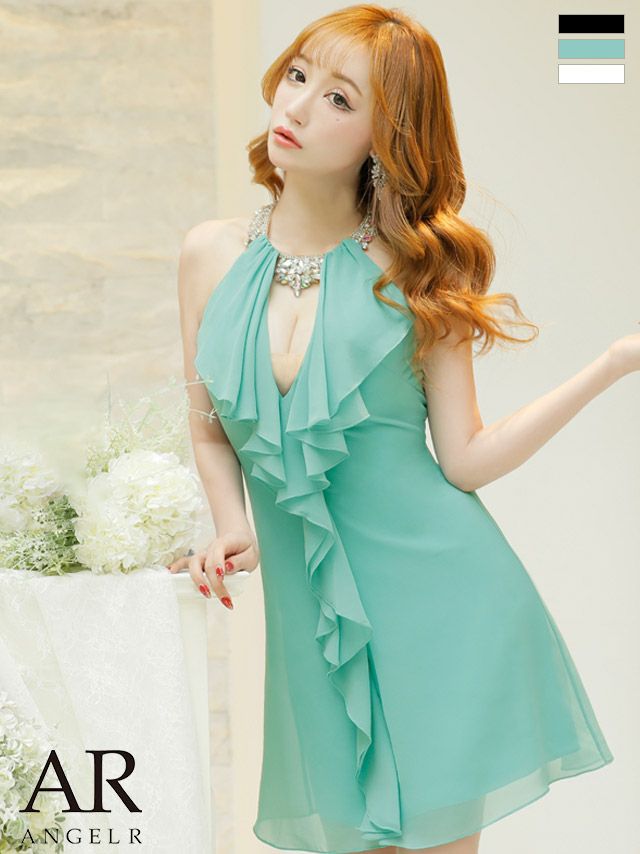 キャバドレス ミニドレス Angel-R エンジェルアール 高級アメリカンスリーブネックビジュー胸元フリルシフォンフレアミニドレス