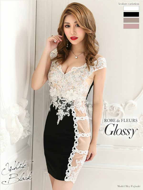 ROBEdeFLEURSGlossy ローブドフルールグロッシー 高級立体フラワースパンコール刺繍サイドヌーディーレース切替ノースリーブタイトミニドレス