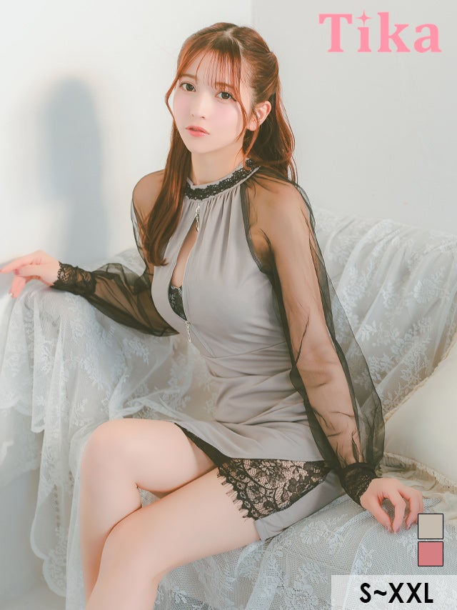 キャバドレス ミニ丈 大きいサイズ キャバクラ クラブ Tika ティカ シアースリーブ バストダブルジップ サイドレース切替 アシメ 長袖 タイト ミニドレス
