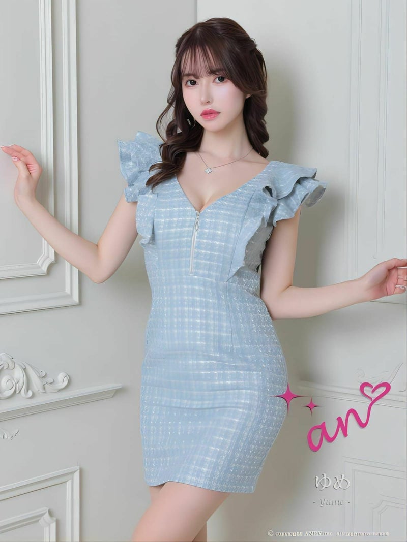 an アン 高級フリル袖ツイードフロントジップノースリーブタイトミニドレス