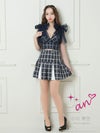 キャバドレス Andy アンディ 高級チェック柄セットアップショルダーチュールリボンジッパープリーツノースリーブフレアミニドレス