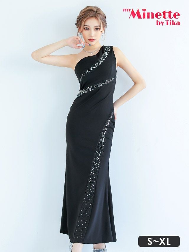 ワンショルダービジューラインタイトロングドレス