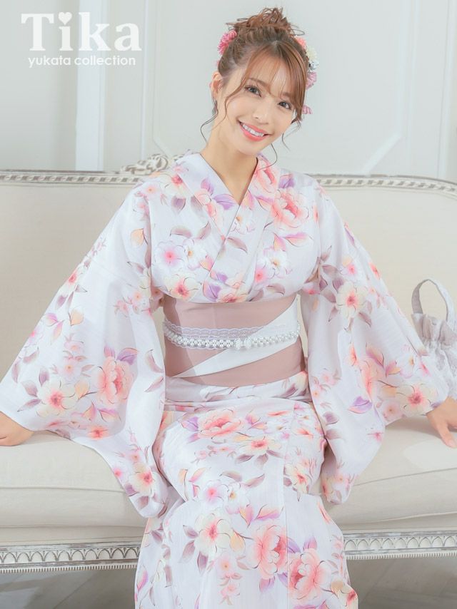 [浴衣 選べる帯] SWEET ベビーピンク地×ニュアンスフラワー 3点セット (ゆかた・平帯or作り帯・下駄)