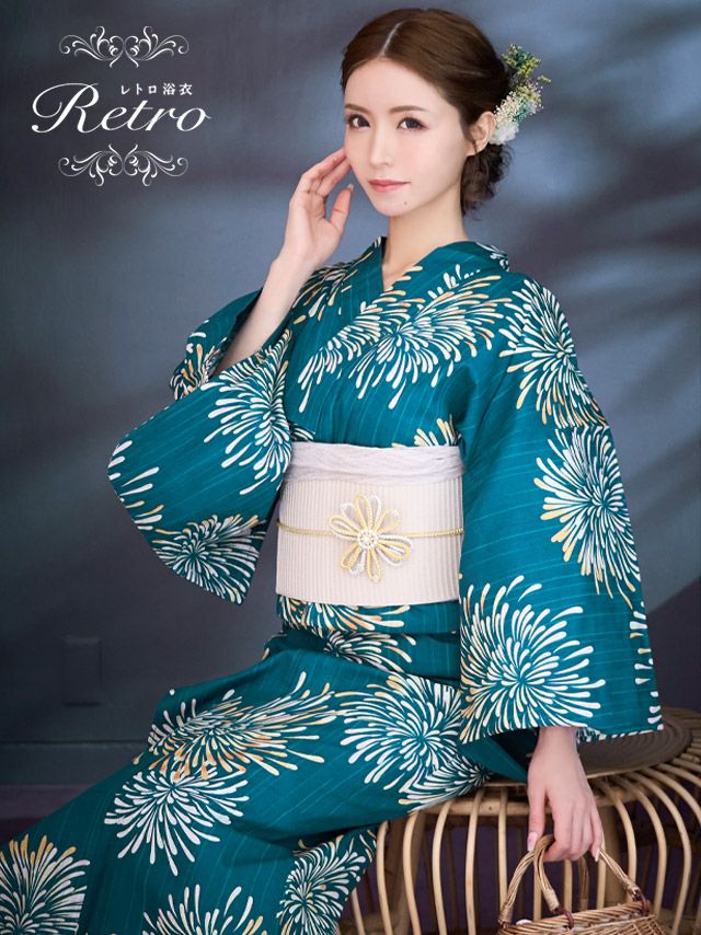 [浴衣 選べる帯] 大輪花火にターコイズ 古典柄 3点セット (ゆかた・平帯or作り帯・下駄)