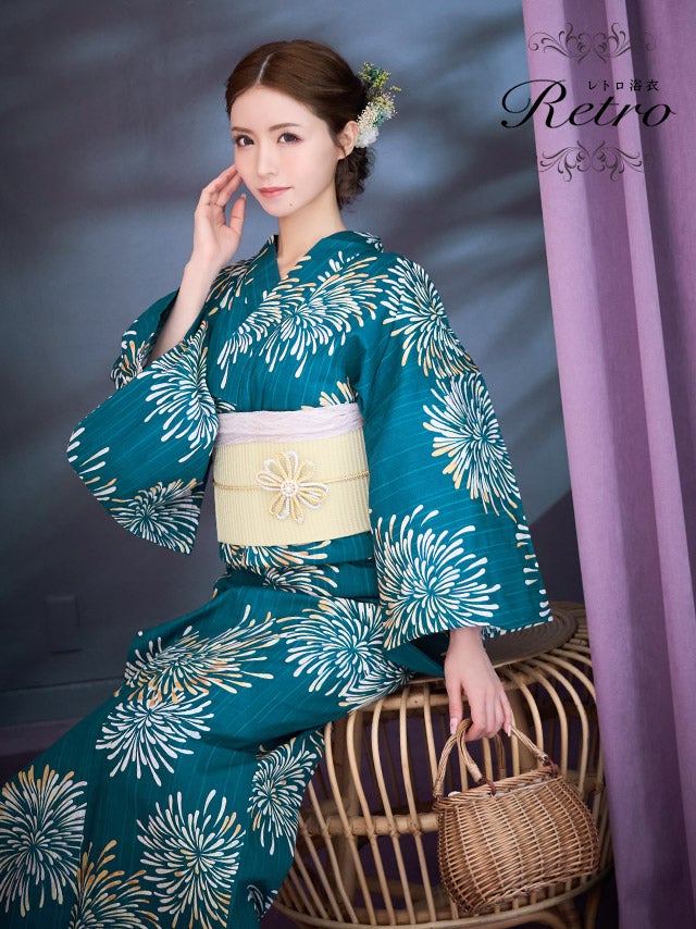 [浴衣 選べる帯] 大輪花火にターコイズ 古典柄 3点セット (ゆかた・平帯or作り帯・下駄)