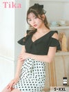 キャバドレス ミニ丈 大きいサイズ　 体型カバー キャバクラ クラブ Tika ティカ 肩あき胸元フリルアシメペプラム切り替えドット柄タイトミニドレス