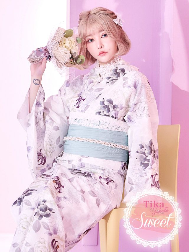 [浴衣] SWEET 白地にニュアンス牡丹 3点セット (ゆかた・兵児帯・下駄)