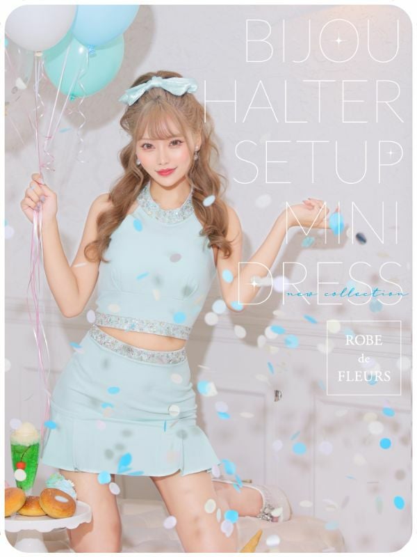 ROBEdeFLEURS ローブドフルール 高級セットアップバックリボンビジューホルターネックワンカラーノースリーブタイトミニドレス