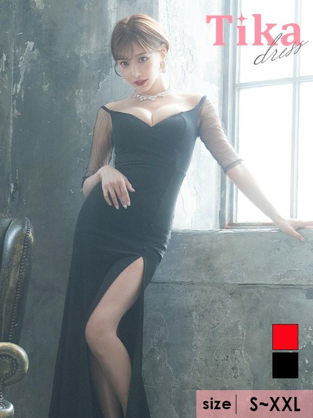 キャバドレス ロング丈 七分袖 大きいサイズ Tika ティカ 袖ありシアースリーブカシュクールスリットストレッチタイトロングドレス