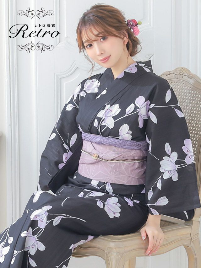 [浴衣 選べる帯] 黒地にグラデーション菖蒲 高級 大人綺麗 3点セット 森咲智美着用 (ゆかた・平帯or作り帯・下駄)