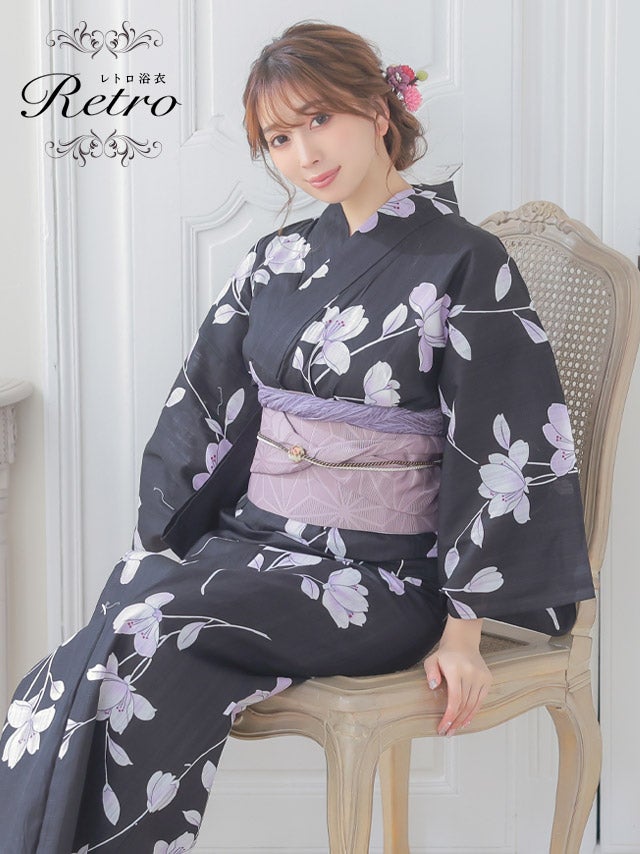 [浴衣] 菖蒲 グラデーション 大人綺麗 薄紫 パープル 黒 ブラック 3点セット (森咲智美着用) [tk-ykyo23138-ojm148a]