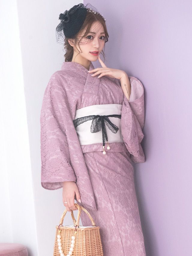 [浴衣 選べる帯] SWEET くすみピンク 高級レース 3点セット (ゆかた・平帯or作り帯・下駄)