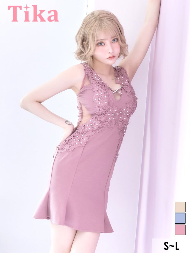 ミニドレス 立体刺繍レース 谷間 ノースリーブ ウエスト透け くびれ 裾フリル タイト ピンク キャバドレス (戦慄かなの着用) [tk-md213565-1]