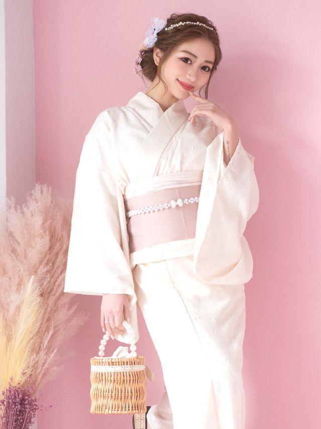 [浴衣 選べる帯] SWEET アイボリーフラワーシフォン 高級レース 3点セット (ゆかた・平帯or作り帯・下駄)