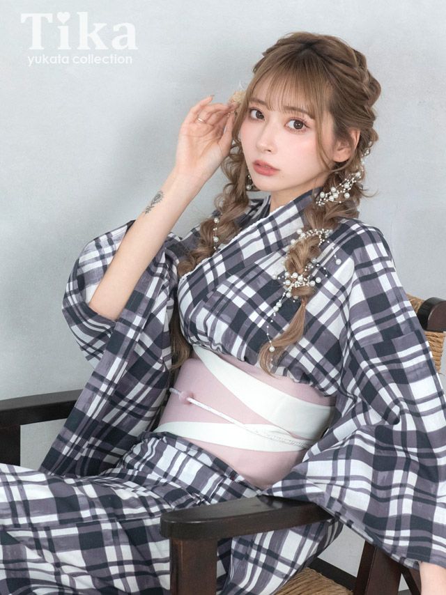 [浴衣 選べる帯] レトロ モノトーンチェック 3点セット (ゆかた・平帯or作り帯・下駄)