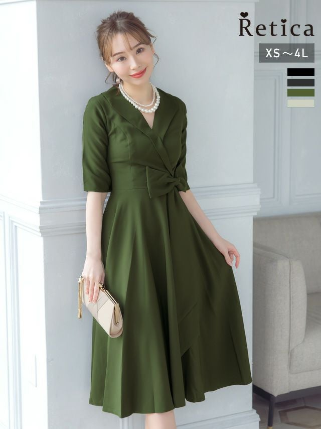 カシュクール風襟付きウエストリボンミモレ丈ハーフスリーブ結婚式パーティードレス