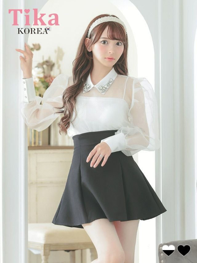 メイン画像 キャバドレス 韓国 セットアップ ビジュー襟 長袖 ワンピース シアーブラウス スカートパンツ 胸元カバー Aライン キャバドレス (黒崎みさ着用) [tk-mdsks001]