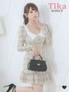 メイン画像 キャバドレス 韓国 ワンピース 長袖 襟付き 裾フリル ガーリー チェック柄 Aラインミニ キャバドレス (黒崎みさ着用) [tk-mdk867]