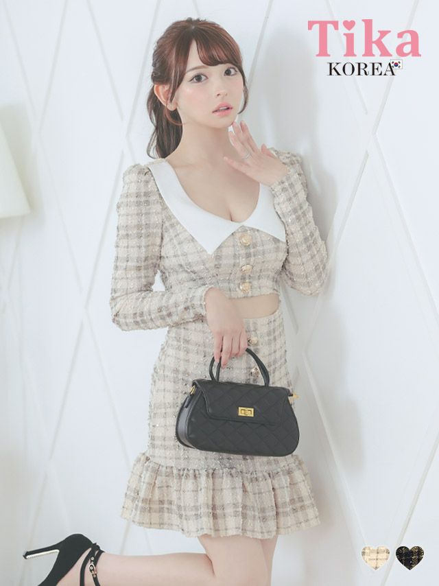 メイン画像 キャバドレス 韓国 ワンピース 長袖 襟付き 裾フリル ガーリー チェック柄 Aラインミニ キャバドレス (黒崎みさ着用) [tk-mdk867]