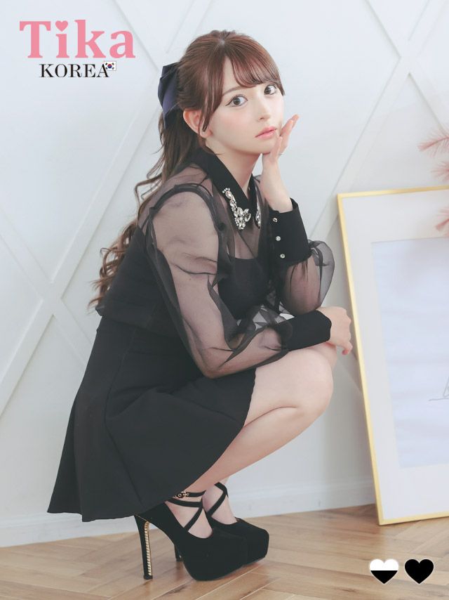 メイン画像 キャバドレス 韓国 ワンピース セットアップ ビジュー襟 長袖 ワンピース シアーブラウス スカートパンツ Aライン 黒 キャバドレス (黒崎みさ着用) [tk-mdsks001a]