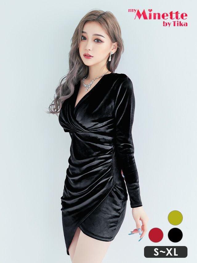 ベロア素材ギャザーアシメ長袖タイトミニプチプラドレス