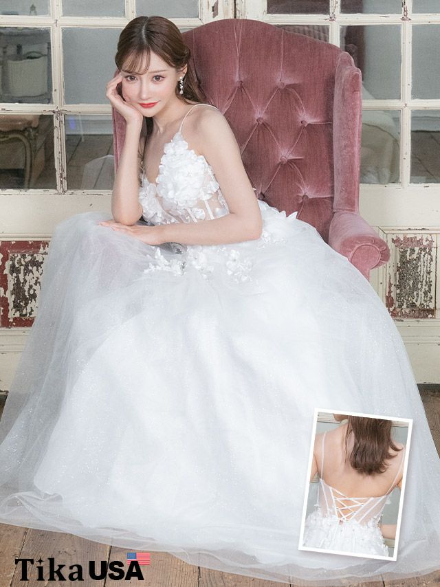 LA直輸入 シアーコルセット風3Dフラワーキャミソールラメチュールロングバースデードレス (XSサイズ～Lサイズ) (明日花キララ キャバドレス着用)