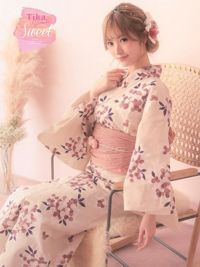 [浴衣] SWEET クリーム地に山桜 3点セット (ゆかた・兵児帯・下駄)