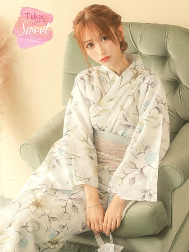 [浴衣] SWEET 白地に水彩多種フラワー 3点セット (ゆかた・兵児帯・下駄)
