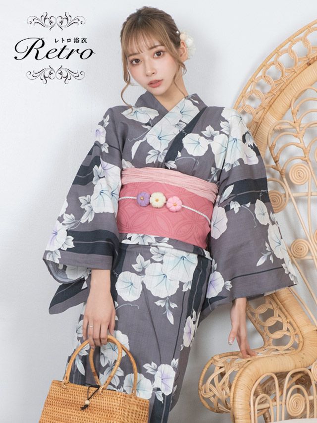 [浴衣 選べる帯] レトロ モノトーン×朝顔 3点セット (ゆかた・平帯or作り帯・下駄)