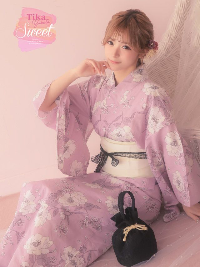 [浴衣 選べる帯] SWEET ピンク地にアイボリーフラワー 3点セット (ゆかた・平帯or作り帯・下駄)