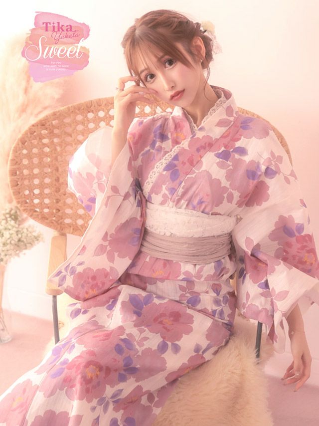 [浴衣] SWEET 白地にニュアンス水彩画フラワー 3点セット (ゆかた・兵児帯・下駄)