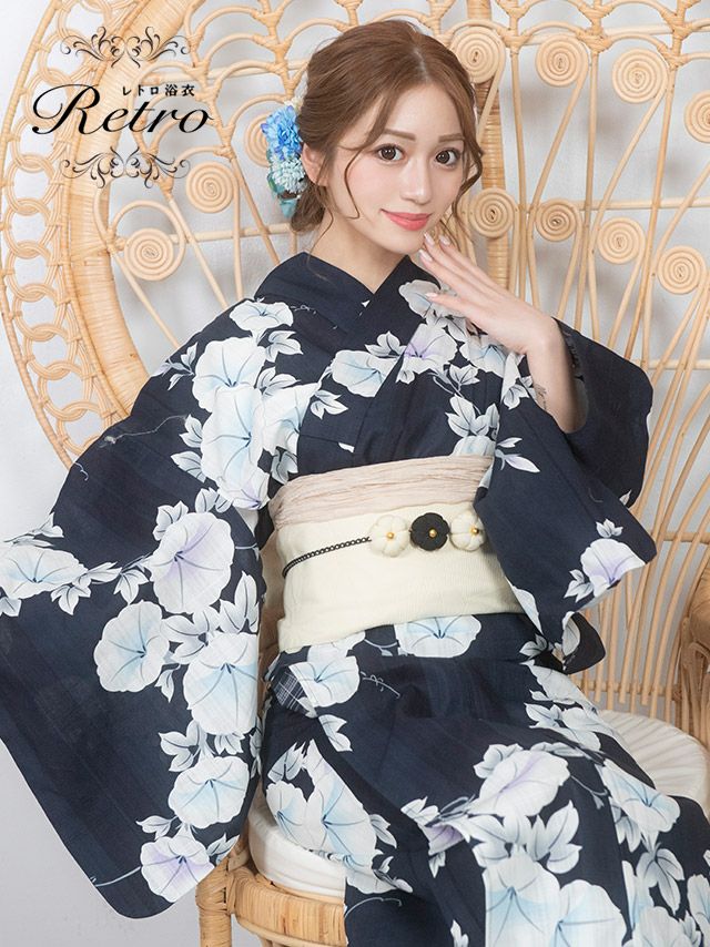 [浴衣 選べる帯] レトロ 紺地に華やか朝顔 3点セット (ゆかた・平帯or作り帯・下駄)