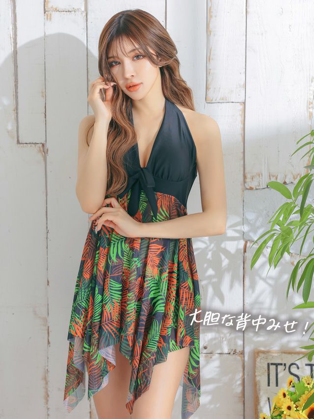 水着 リーフ柄アシンメトリーチュニックセクシービキニ