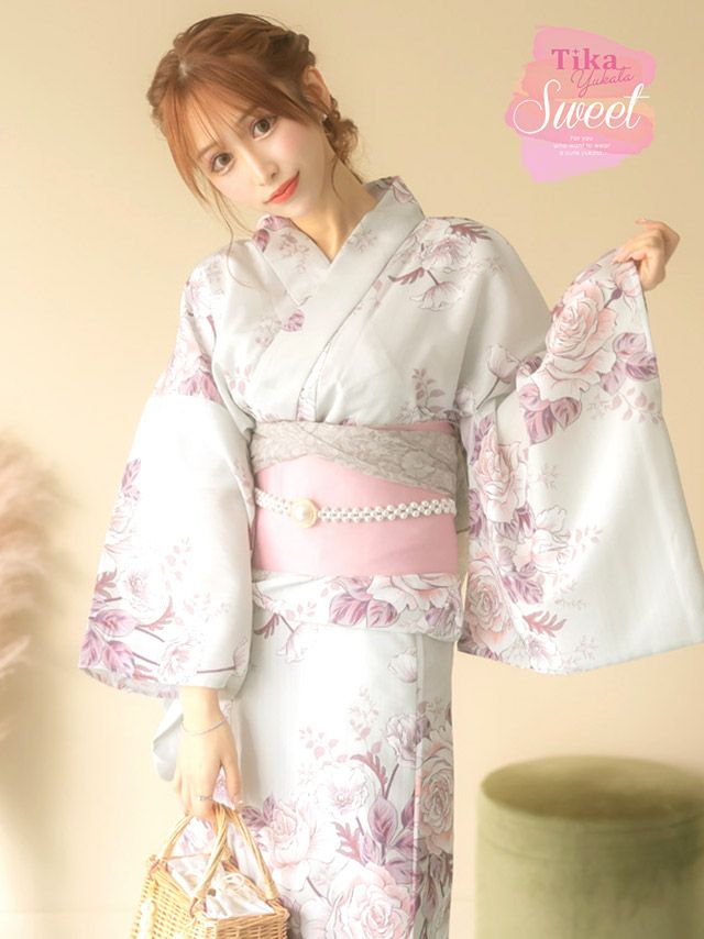 [浴衣 選べる帯] SWEET くすみグレーにクラシカルローズ 3点セット (ゆかた・平帯or作り帯・下駄)